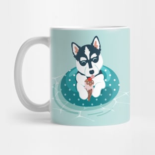 Summer pool pawty // aqua background husky dog on swimming pool float eating icecream Mug